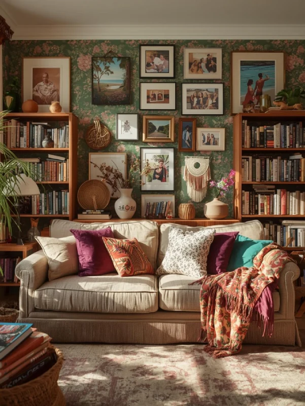 A personalized boho living room with floral wallpaper, unique art, books, and collected decor pieces.