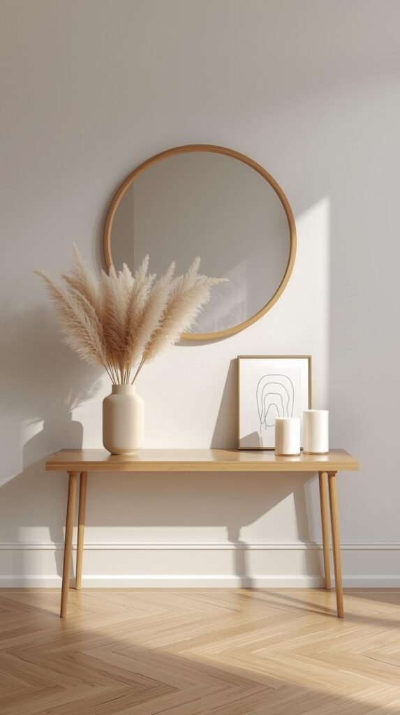 a round wooden framed mirror centered above a console with a beige ceramic vase