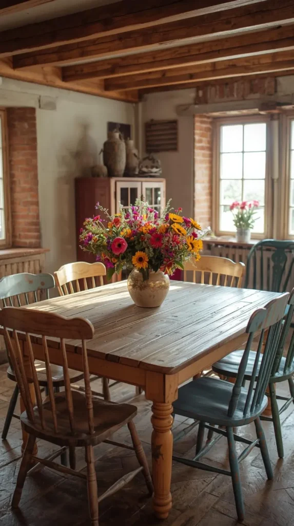 a rustic cottagecore dining room with a large wooden table