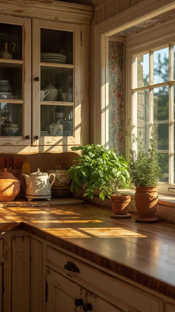 a rustic cottagecore kitchen with wooden cabinets