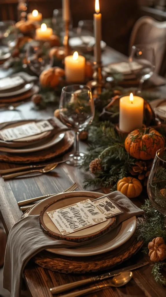 a rustic fall dining table setting with wood slice place cards at each plate.