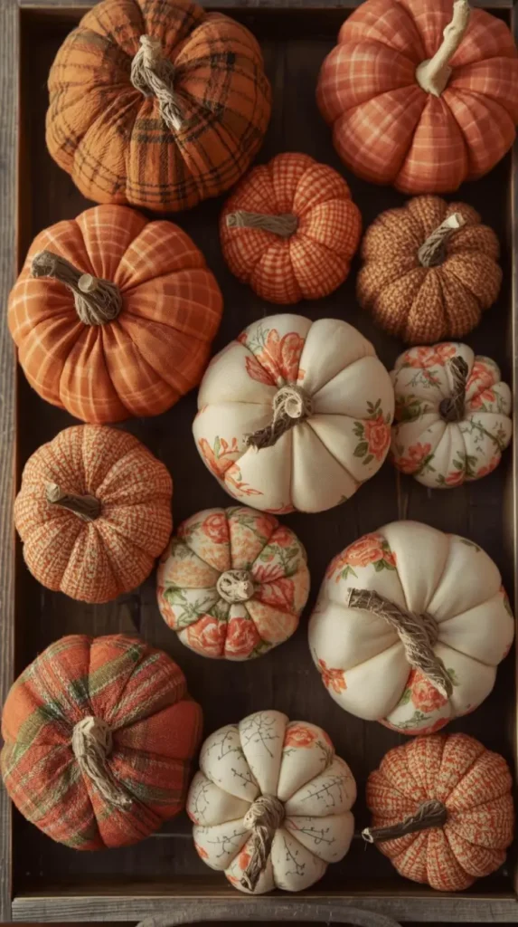 a rustic wooden tray filled with fabric pumpkins in different sizes, colors, and patterns.