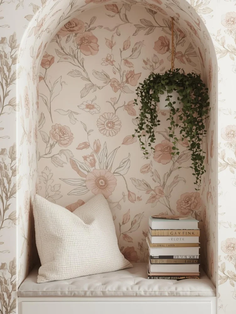 A small alcove or reading nook with delicate boho floral wallpaper in soft blush and cream tones.