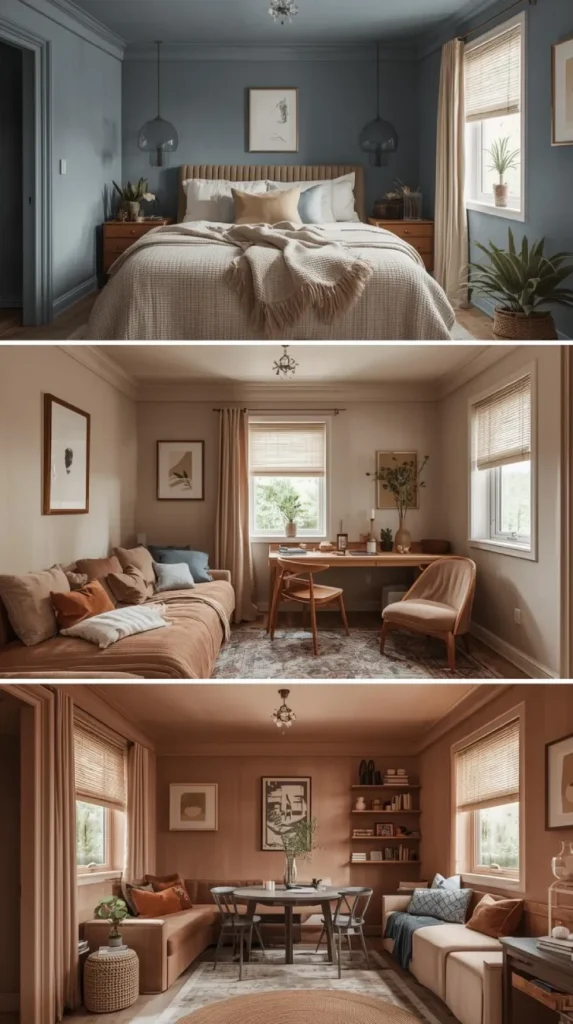 a small bedroom, home office, and dining nook side by side in a collage each space color drenched wall and ceiling