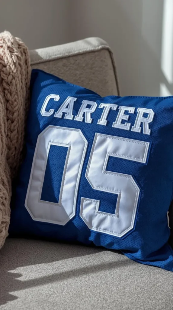 a soft decorative pillow made from a blue sports jersey