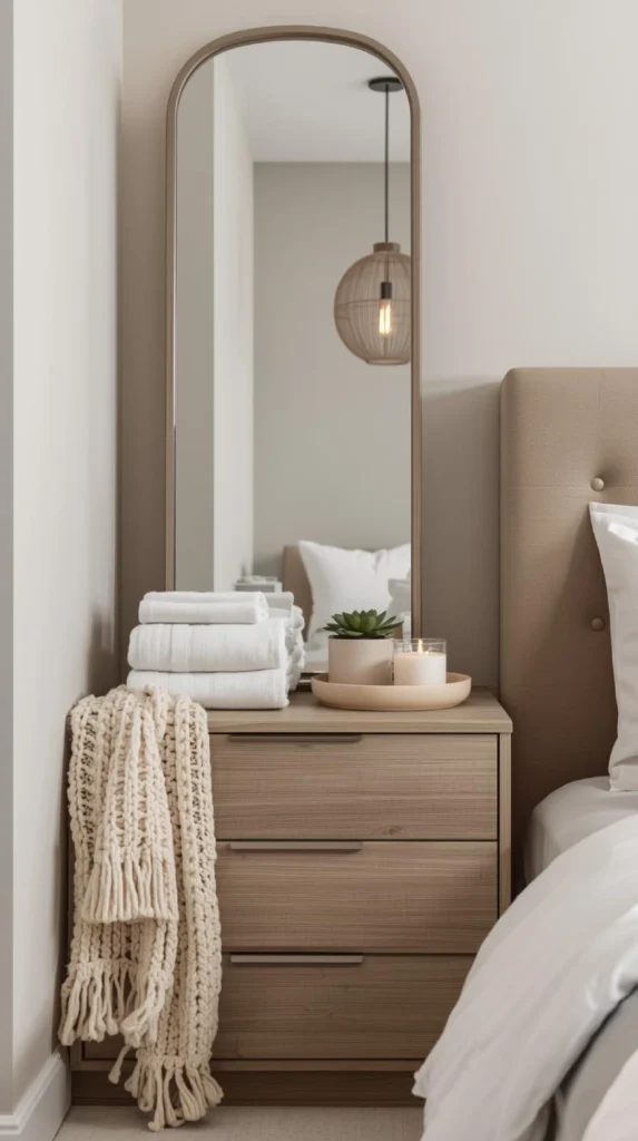 a tall mirror attached to a light wood storage unit with drawers. located in a bedroom nook with a soft bench nearby.