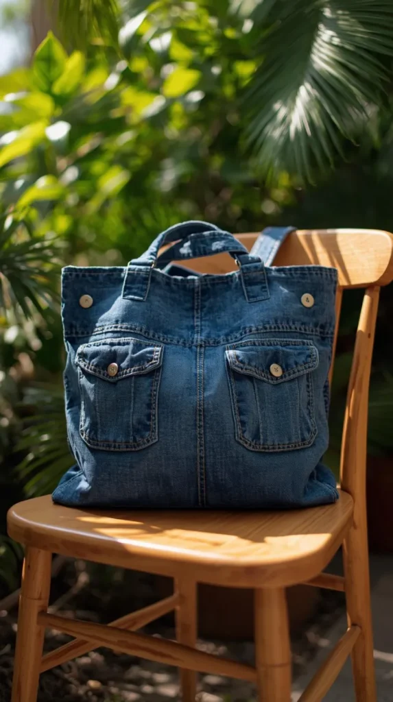 a trendy denim tote bag made from old jeans, styled with visible stitching and pockets