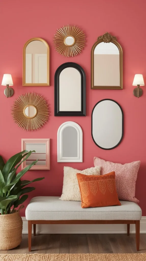 a vibrant pink accent wall featuring a curated mirror gallery.