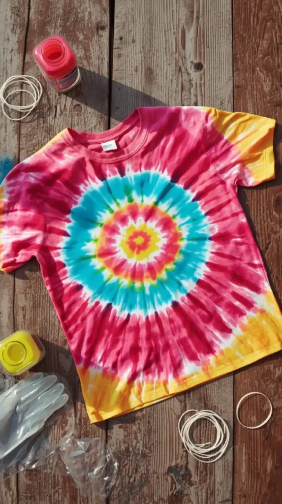 a vibrant spiral tie dye shirt laid out on a rustic wooden table