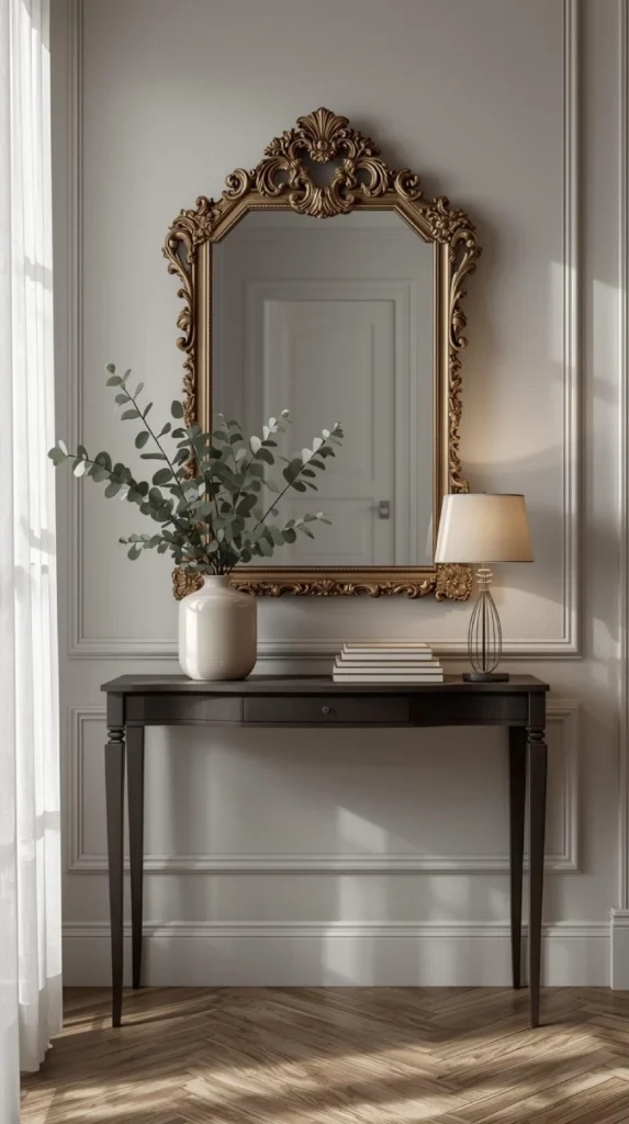 a vintage inspired ornate wall mirror with intricate detailing, mounted above a slim console table.