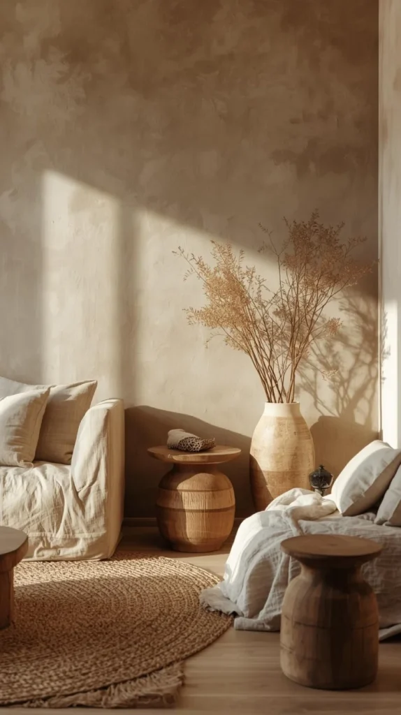 a warm toned living room with a textured plaster accent wall