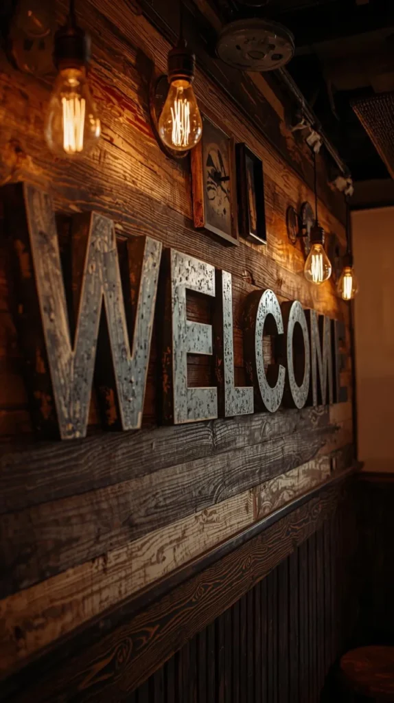 a wooden accent wall with oversized rustic metal letters