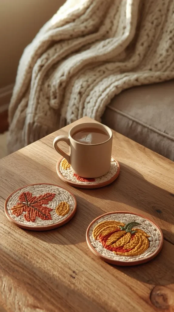 a wooden coffee table styled with three handmade fall coasters.
