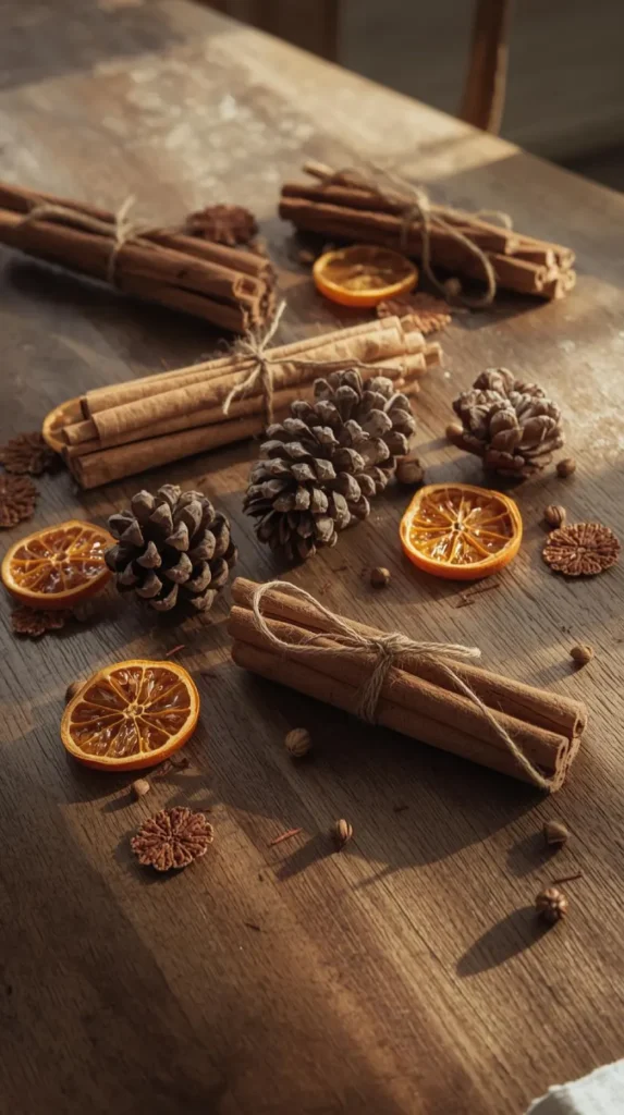 a wooden farmhouse table styled with small bundles of cinnamon sticks tied neatly with twine.