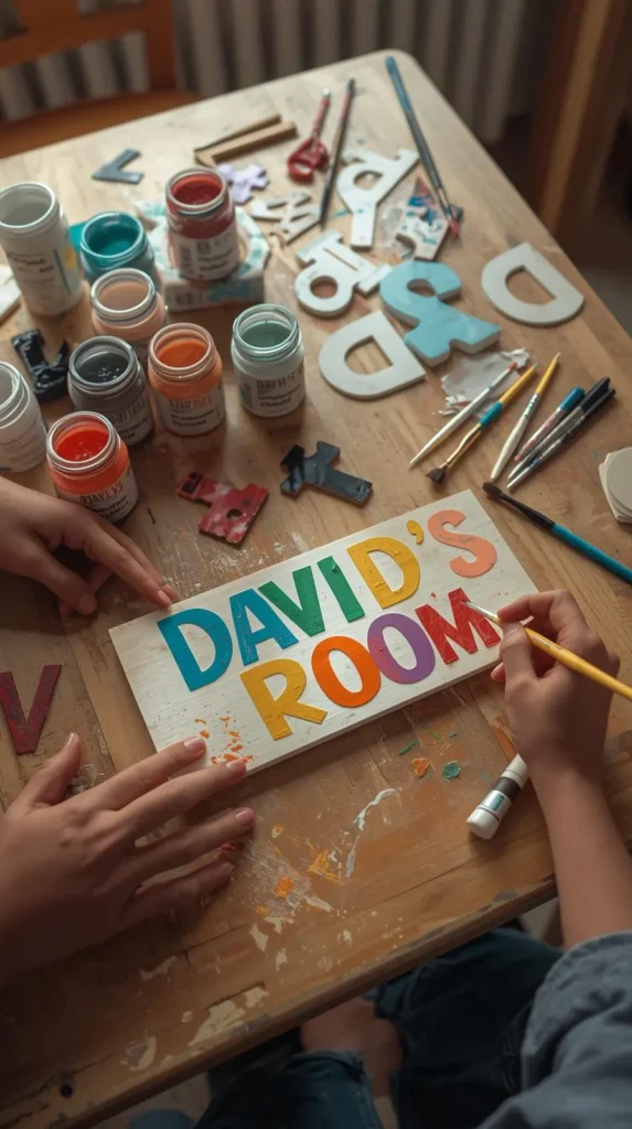 a wooden sign being painted with bright acrylics on a workshop table.
