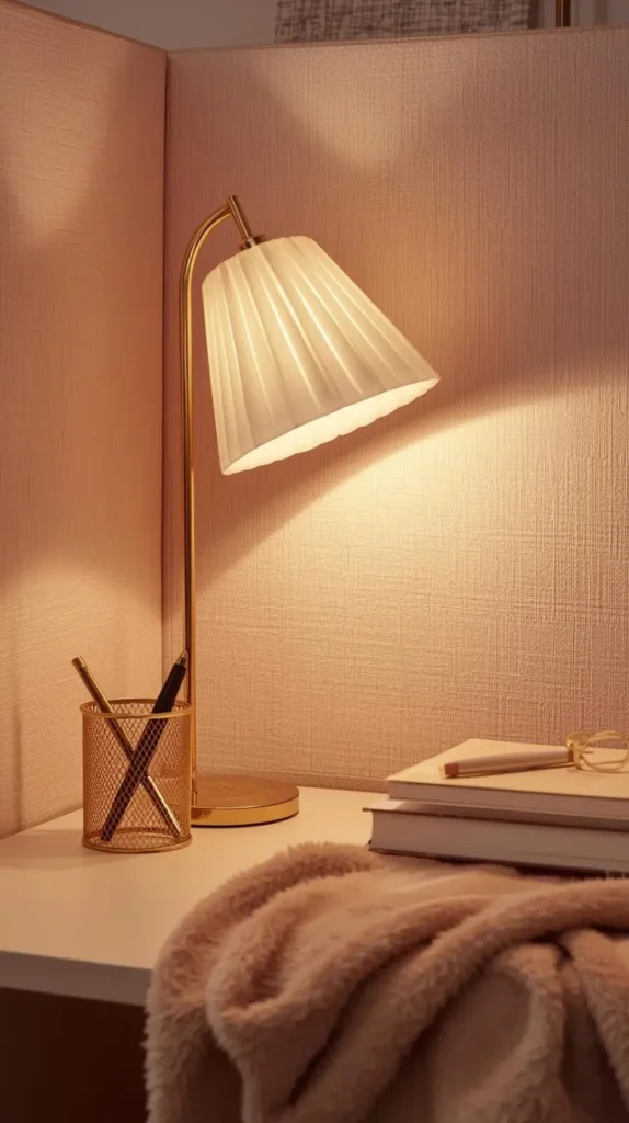 aesthetic desk lamp pleated shade style, casting warm light.