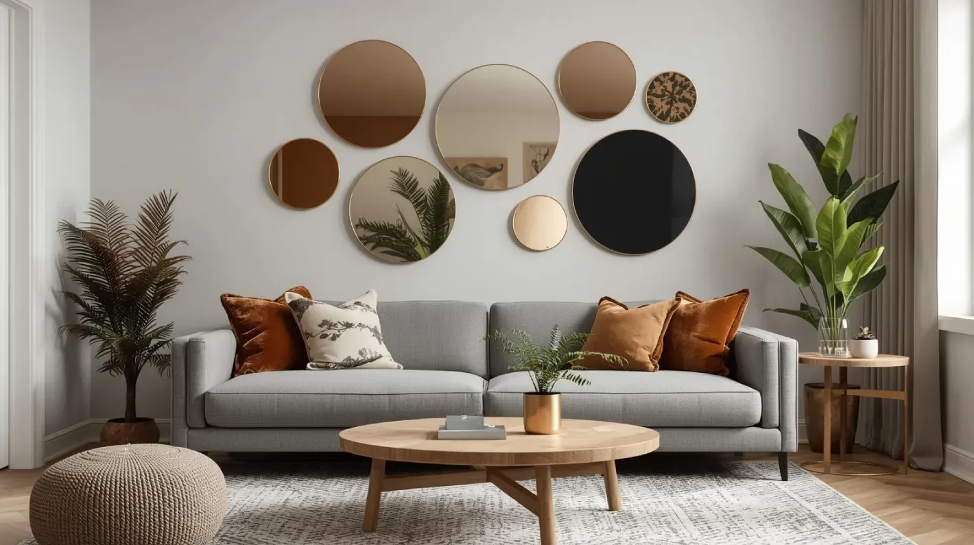 an arrangement of overlapping round and oval mirrors in different sizes and finishes.