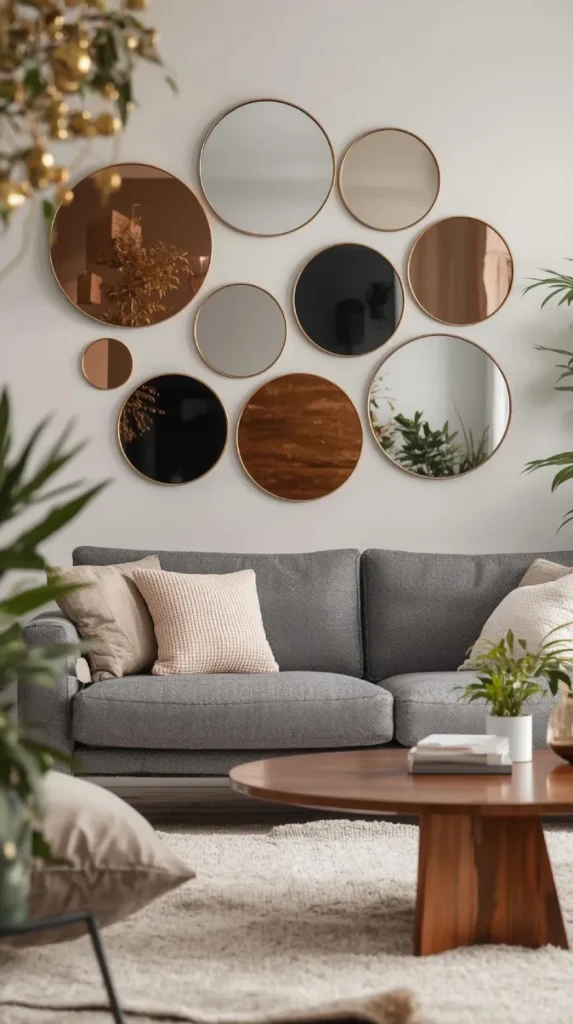 an arrangement of overlapping round and oval mirrors in different sizes and finishes