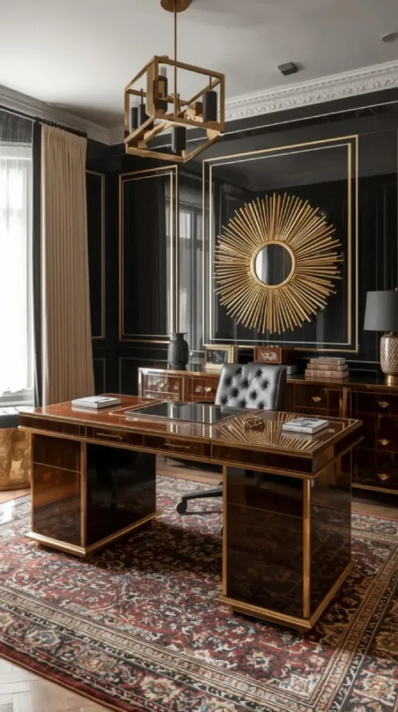 art deco inspired home office with angular desk, sunburst mirror, bold lighting