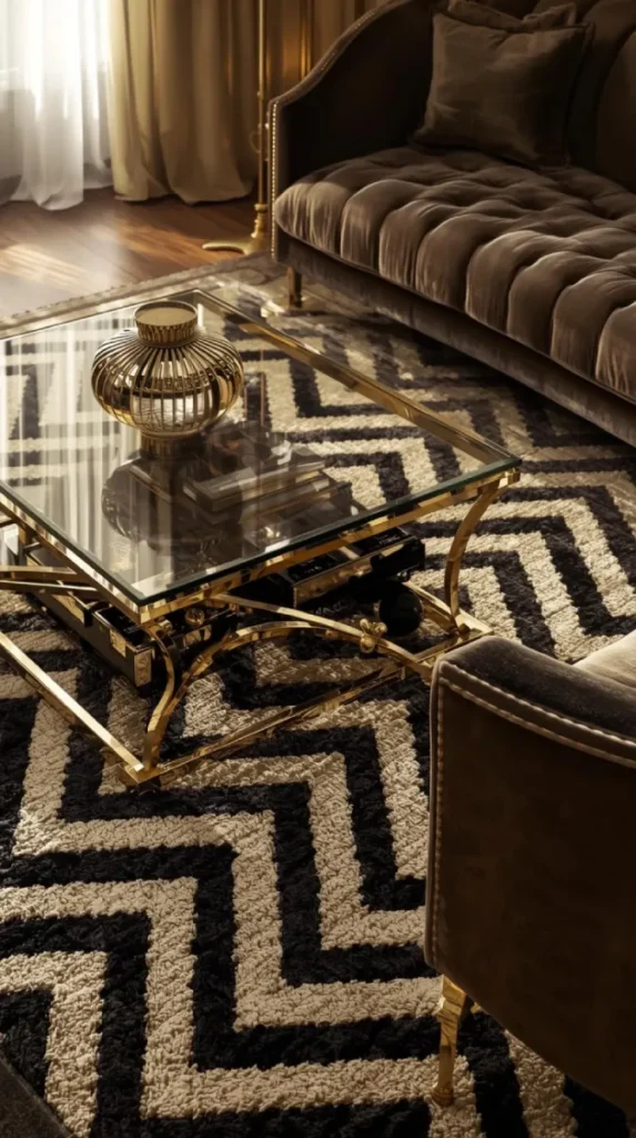 art deco living room featuring a chevron patterned rug glass coffee table and curved velvet sofa.