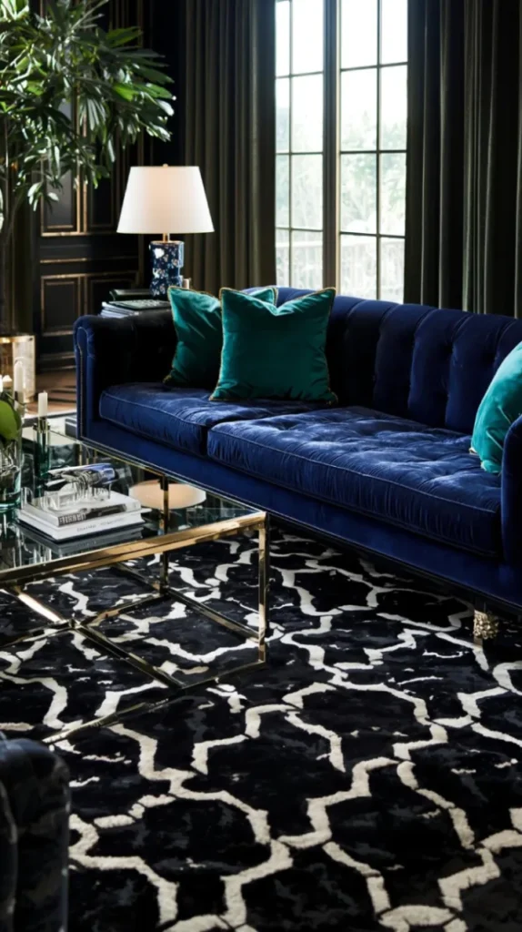 art deco living room with black and white patterned rug, sapphire velvet sofa