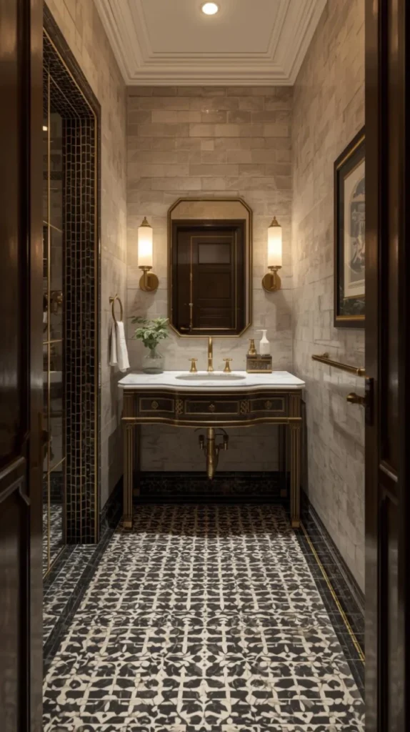 art deco styled bathroom with black and white tiled floor, brass fixtures