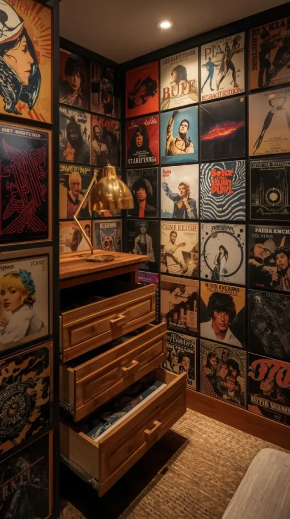 artistic room with interchangeable album display front and push to open drawers — album art feels like part of the decor.