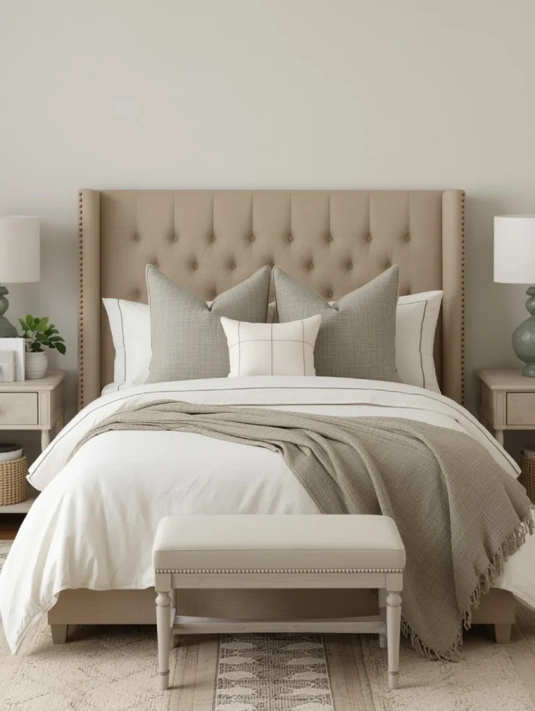 Bed with upholstered linen headboard in sandy beige, layered with coastal bedding in ivory and sage, large euro shams stacked neatly, driftwood nightstands with rattan baskets, warm and cozy winter bedroom aesthetic.
