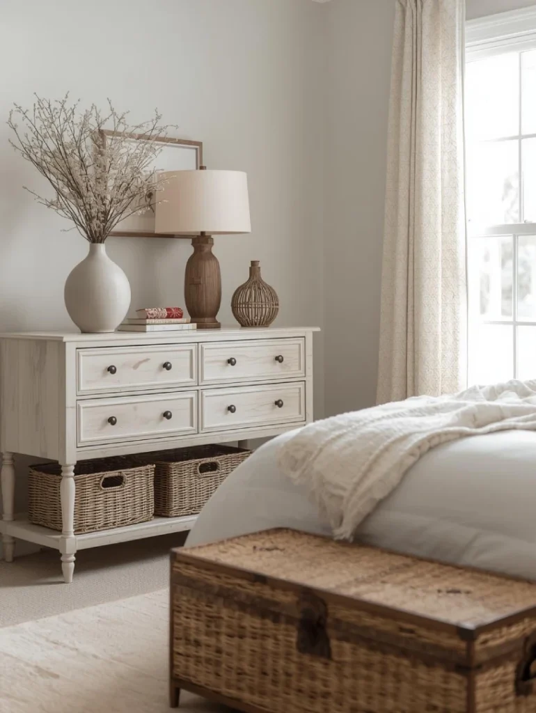 Bedroom corner featuring woven baskets, cane trunk at foot of bed, whitewashed oak dresser styled with ceramic vase and coastal lamp, clutter-free and cozy winter-ready design.