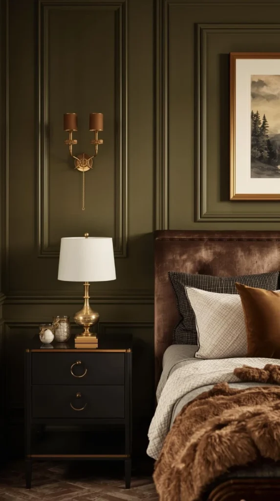 bedroom wall with paneled wainscoting painted deep olive, cordless sconces mounted