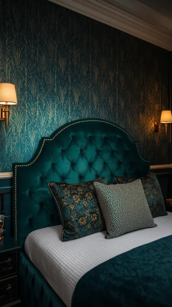 bedroom with deco styling velvet headboard
