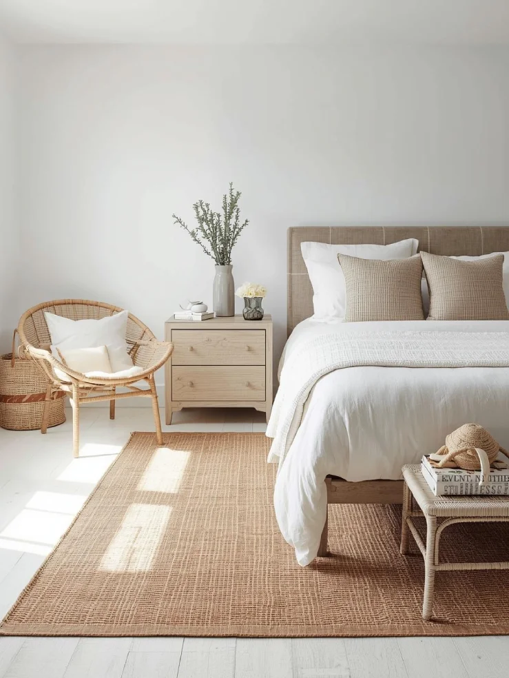 Bedroom with natural coastal textures, jute rug layered with cotton runner, linen bedding, rattan chair in corner, woven baskets, driftwood-toned nightstand, tactile finishes creating warmth.