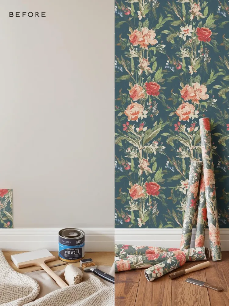 Before-and-after style view of a room being wallpapered with bold boho floral print.