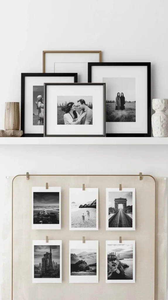 black and white family photos or travel shots in gold, black, or acrylic frames.
