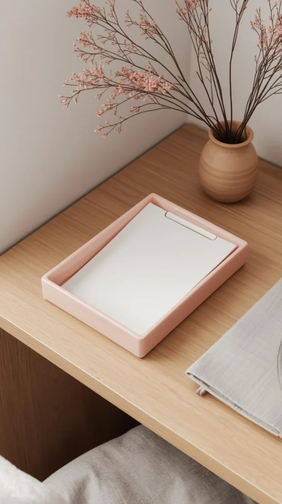 blush catch all paper tray with blank paper.