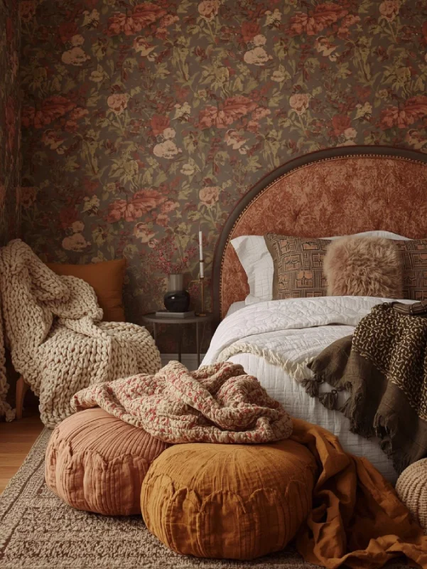 Monochrome boho room where the floral wallpaper shares tones with furnishings burnt orange, taupe, terracotta.