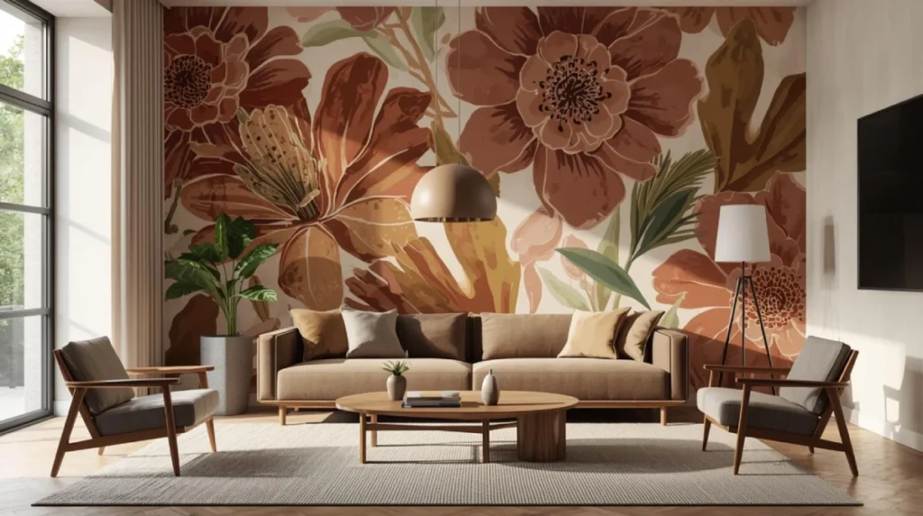 bohemian living room featuring a large statement wall covered in bold boho floral wallpaper.