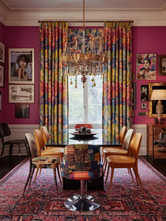 Bold eclectic dining room with maximalist floral patterned curtains in vibrant colors, chairs, eclectic wall art, vibrant and energetic atmosphere.