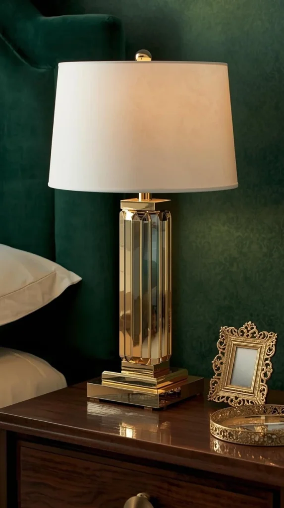 brass and frosted glass table lamp with stepped base on a walnut nightstand