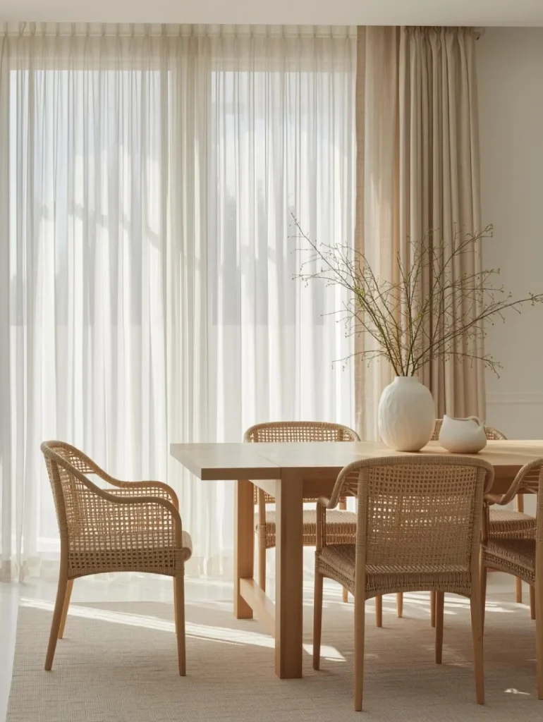 Bright dining room with neutral-toned linen curtains softly diffusing daylight, wooden dining table with woven chairs and minimalist décor