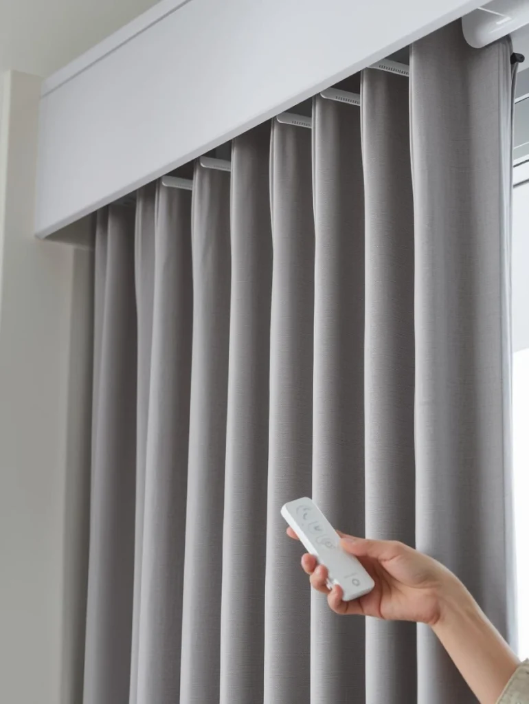 Close-up interior photo of a smart motorized curtain system, featuring gray fabric curtains hung on a white rod with compact white motor devices attached. A hand holds a small white remote control.