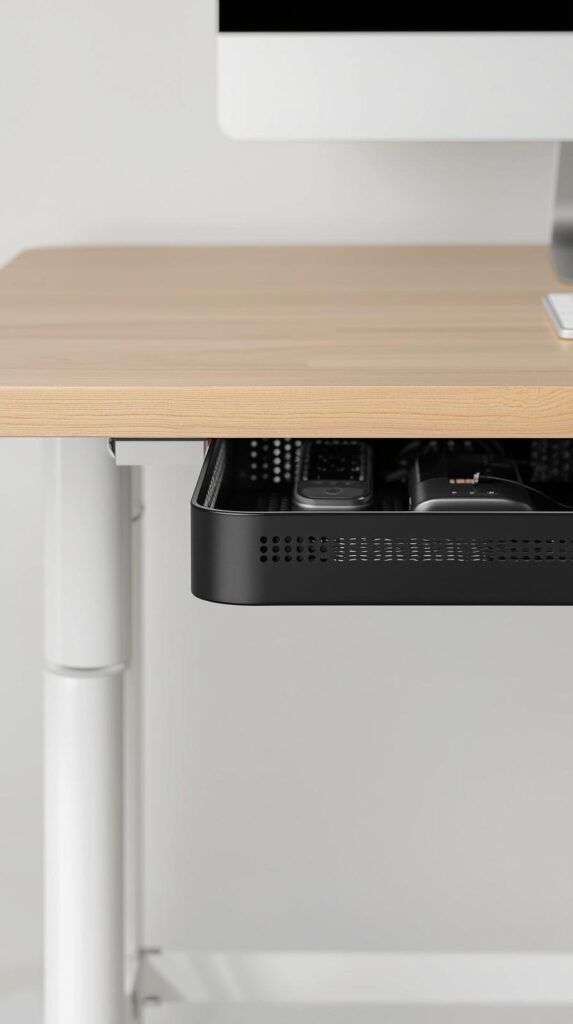  close up of a modern cable management tray securely mounted under a light wood desk