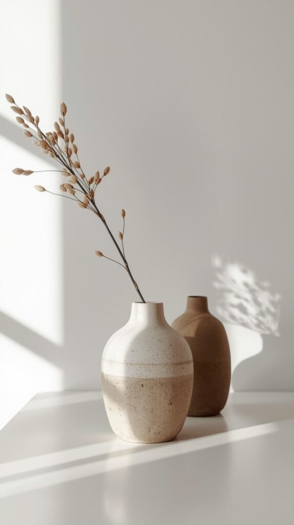 close up of a styled shelf or console table with three handcrafted ceramic vases