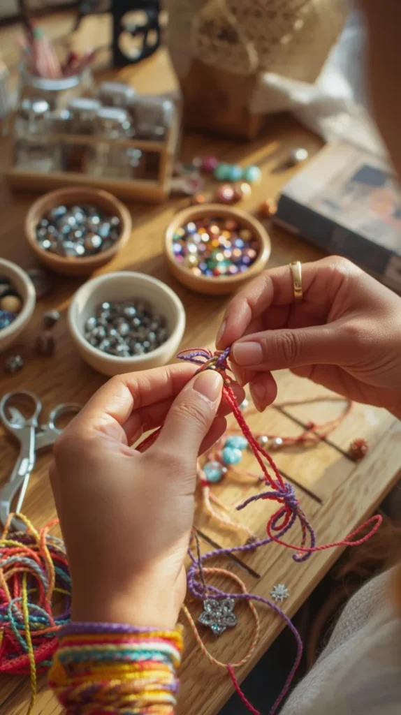 close up of hands braiding colorful string into friendship bracelets on a desk.