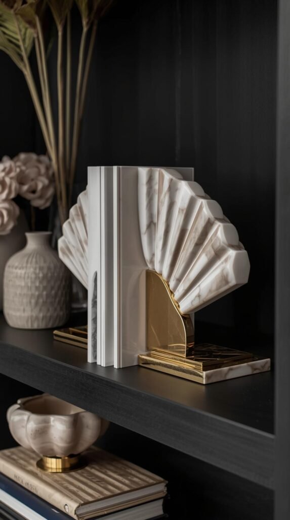 close up of Art Deco marble and brass fan shaped bookends on a black open shelf