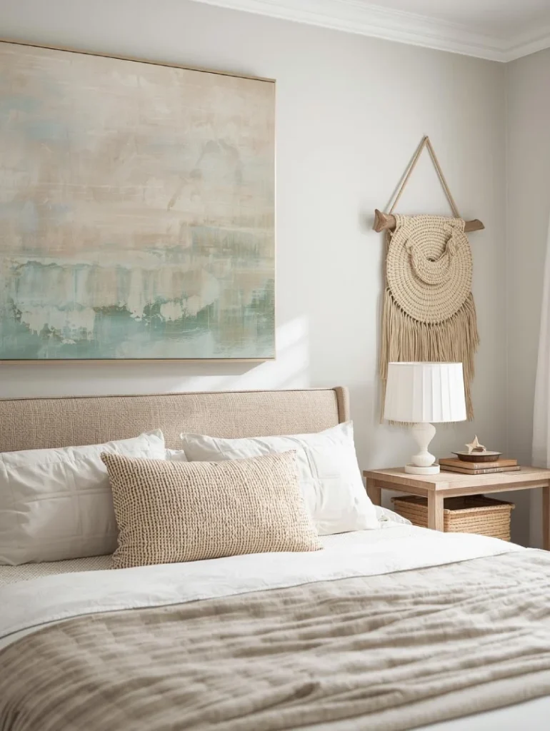 Coastal bedroom with large abstract textured canvas in sandy beige and sea-glass green above bed, framed driftwood accent on side wall, woven wall hanging near window, layered natural textures creating warmth.