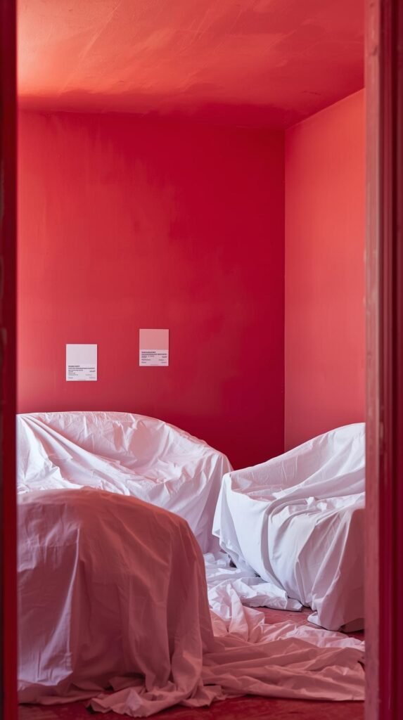 color drenched room mid renovation, showing the challenge of repainting furniture covered
