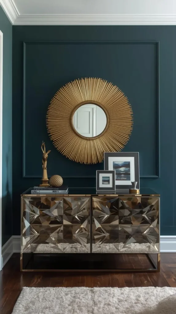 console table in a hallway with a bold sunburst mirror