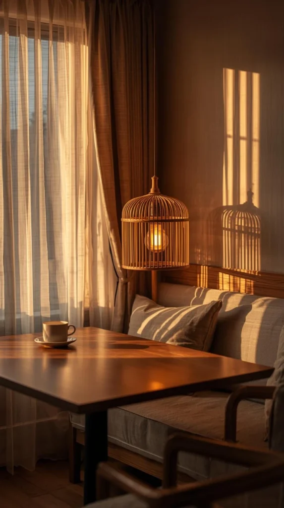 cozy japandi dining nook with soft, warm toned ambient lighting