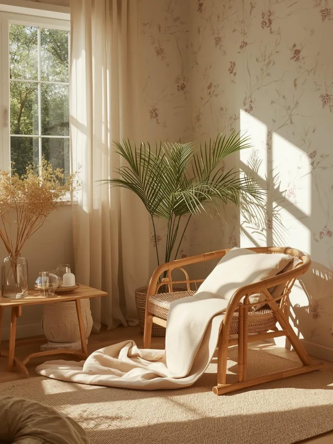 Cozy eco-conscious space with floral wallpaper made from natural or recycled materials.